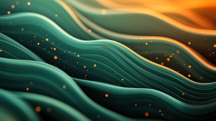 Fototapete - Abstract waves of green and orange flow smoothly in a dynamic pattern beneath a warm glow. Generative AI