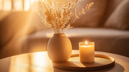 Canvas Print - Dried flowers in vase, lit candle on wooden tray, sunlit room.