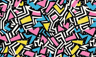 colorful geometric pattern on black background for textile, wallpaper, or wrapping paper.