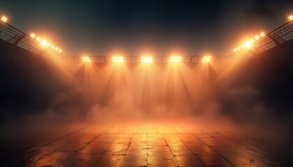 Poster - Empty arena at night. Bright stadium lights shine through fog. Powerful spotlights create dramatic effect. Suitable for concerts sports events. Illuminated space. Dramatic lighting design. Dark
