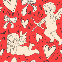 Wall Mural - Seamless romantic hand drawn pattern with cupids in cartoon retro style. Love symbols, signs, icons. Valentine's day or wedding background.