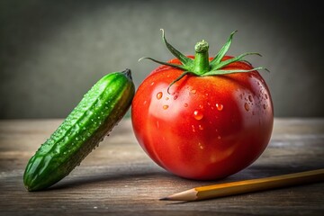 Wall Mural - Vibrant Red Tomato and Green Cucumber Sketch: Fresh Produce Still Life Conceptual Photography