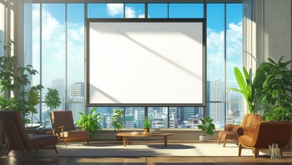 Canvas Print - Modern living room with large blank canvas and city view.