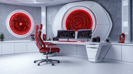 Poster - Futuristic Home Office with Sleek Design and High-Tech Setup Featuring Red Accents and Modern Furnishings