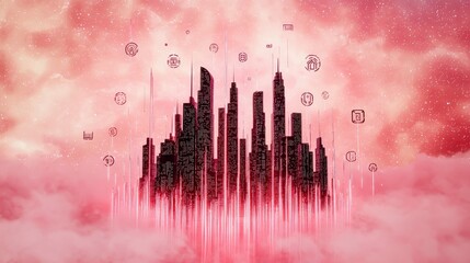 Poster - Futuristic Cityscape with Digital Elements in Pink and Red Clouds During a Dusk Environment
