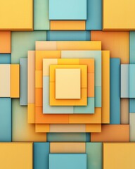 Poster - Colorful geometric patterns with stacked blocks in shades of blue, yellow, and orange creating a striking visual display