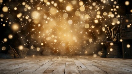 Poster - Sparkling Gold Background with Shimmering Lights and Wooden Floor for Festive and Celebration Themes