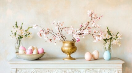 Wall Mural - Pastel Easter eggs and spring blossoms on mantelpiece.