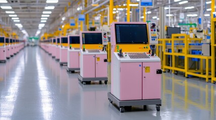 Poster - Modern Manufacturing Facility with Pink Control Panels and Automated Machinery in a Clean Environment