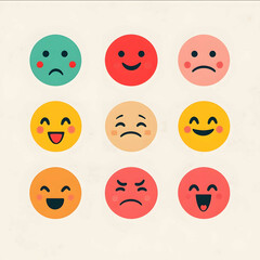 Wall Mural - 8 different smiley faces in 8 different emotions in simple colors with simple background
