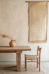 Canvas Print - Rustic dining room with wooden table, chair, and wall hanging.