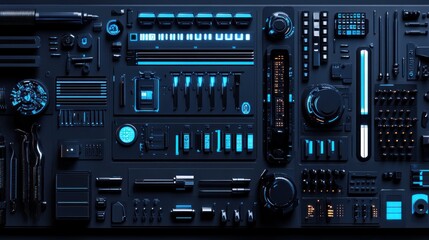 Futuristic dark blue tech panel with glowing buttons and dials.