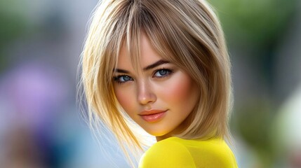 Wall Mural - Blonde caucasian young female with blue eyes and short bob hairstyle outdoors