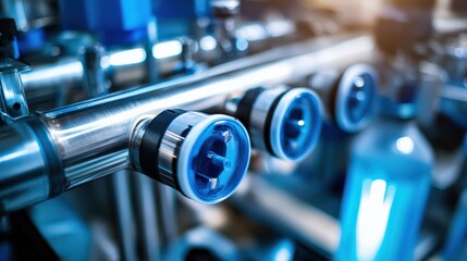 Wall Mural - High-Detail Close-Up of Industrial Metal Pipes Featuring Pressure Gauges and Valves in a Modern Manufacturing Facility with Soft Lighting