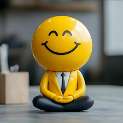 Wall Mural - satisfied face of a yellow smiley head man in a suit he sits in meditation position in a calm bohost