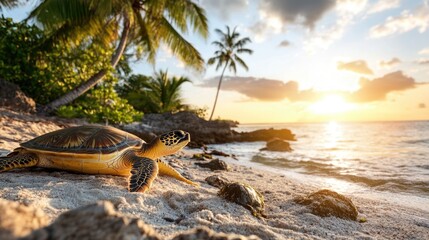Wall Mural - Tropical beach sunset with sea turtle on sandy shore