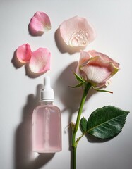 Wall Mural - Pink rose and bottle of rose-infused skincare product.