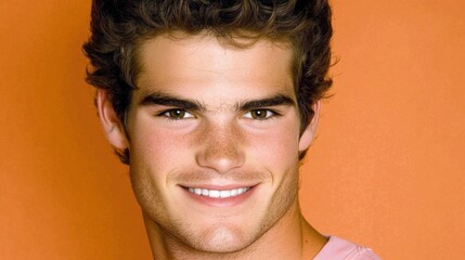 Wall Mural - Smiling young caucasian male with curly hair in front of orange background