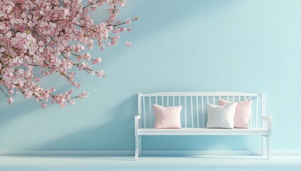 Sticker - White bench with pink pillows against a light blue wall, adorned with a blossoming cherry tree branch.