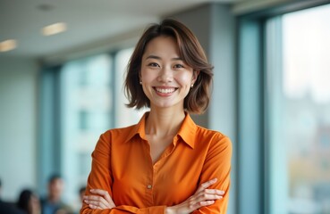 Happy Asian businesswoman stands confidently in office. Successful female employee looks directly at camera with arms crossed. Pro, attractive young woman with short brown hair in modern workplace.