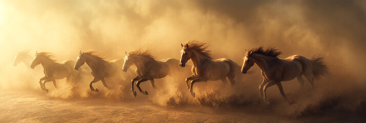 Naklejka na meble A herd of wild horses running through a vast desert, their manes blending into abstract trails of dust and wind, symbolizing untamed energy.  