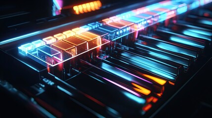 Poster - Abstract Neon Glowing Glass Blocks Digital Interface