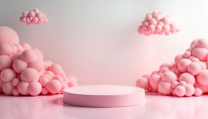 Poster - Pink podium with pastel-colored clouds. Minimalist aesthetic. Empty platform for product display. Trendy backdrop for product presentation. Stylish modern design. Ideal for beauty products, fashion
