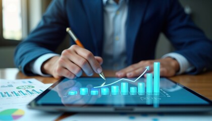 Poster - Businessman uses digital tablet to analyze business performance data. Growth graph shows increased quality, decreased costs. Business strategy, project management key concepts. Modern business, tech