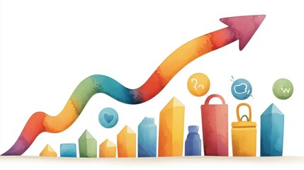 Poster - Colorful Watercolor Illustration of Growth Chart with Various Icons Representing Success