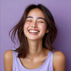 confident laughing southeast asian woman laughing showing smooth and radiant skin beautiful and radiant no wrinkles and lines raw photo studio lighting warm lighting l