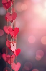 Aufkleber - Pink hearts hang on strings. Blurred background shows soft pastel colors. Romantic Valentines Day decorations. Gentle, sweet mood. Decorative elements. Perfect for design templates. Suitable for