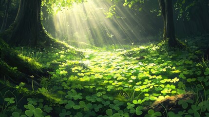 Poster - A beautiful, sunlit forest floor blanketed with lush clover leaves and dew-covered moss, capturing the peaceful, tranquil ambiance of nature freshness