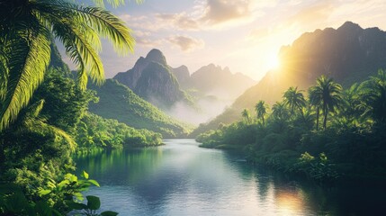 Poster - A beautiful tropical landscape with a clear river winding through the greenery, nestled between mountains and bathed in warm, natural sunlight