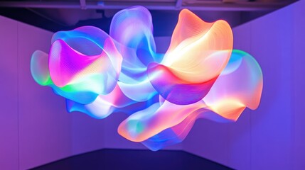 Poster - A captivating futuristic light sculpture with fluid shapes and vibrant glowing colors suspended in space, evoking innovation and creativity