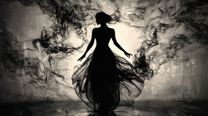 Poster - A captivating silhouette against an abstract background, with sharp monochrome shadows and diffused light creating a dramatic and mysterious atmosphere