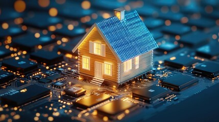 Poster - A creative representation of a home network, with a tiny house positioned on a keyboard circuit board, illustrating the fusion of technology and residential living