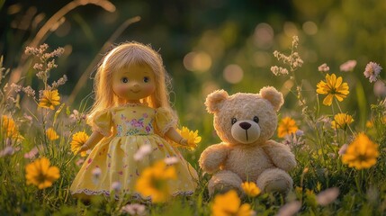 Wall Mural - A cute yellow doll in a spring meadow with a plush bear by her side, surrounded by bright flowers, evoking a sense of innocence and happiness