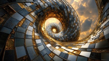 Poster - A dynamic spiral of shimmering gold and silver mosaic tiles against a moody cloudy sky, blending luxury and abstract artistry in the composition