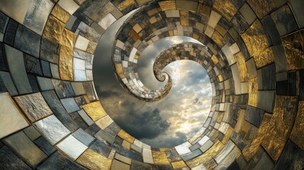 Poster - A dynamic spiral of shimmering gold and silver mosaic tiles against a moody cloudy sky, blending luxury and abstract artistry in the composition