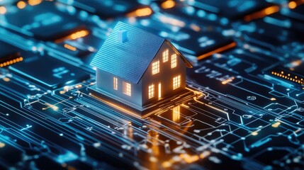 Poster - A futuristic digital concept of a home network, with a miniature house resting on a circuit board keyboard, symbolizing the future of smart homes and technology integration