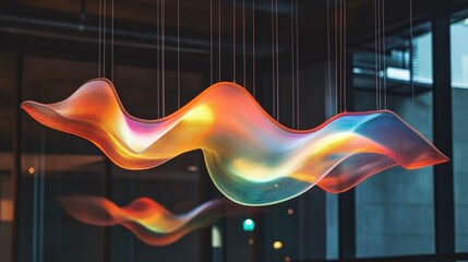 Poster - A futuristic, dynamic hanging light sculpture with flowing shapes and vibrant glowing colors, creating a visually stunning effect in a modern setting
