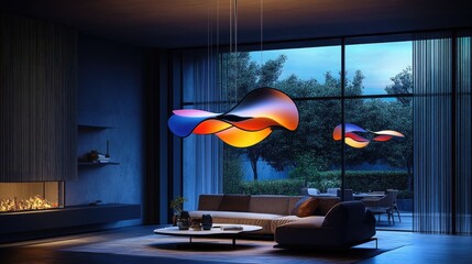 Poster - A futuristic hanging light sculpture, glowing with dynamic colors and shapes, illuminating a sleek and modern interior space