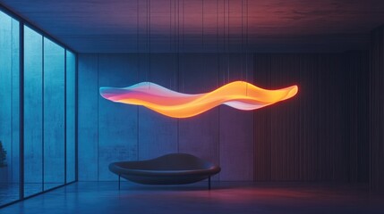 Poster - A futuristic hanging light sculpture, glowing with dynamic colors and shapes, illuminating a sleek and modern interior space