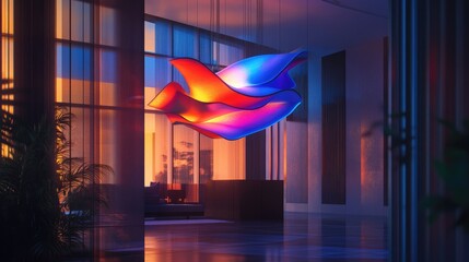 Poster - A futuristic hanging light sculpture, glowing with dynamic colors and shapes, illuminating a sleek and modern interior space