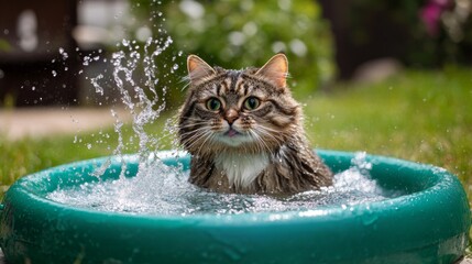 Poster - An overweight cat playfully splashing in a small kiddie pool in a backyard, enjoying a sunny day and looking happy.