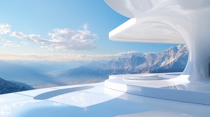 Poster - A futuristic white architectural structure with clean lines, offering a stunning view of a vast mountain range, creating a striking contrast between design and nature