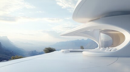 Poster - A futuristic white architectural structure with clean lines, offering a stunning view of a vast mountain range, creating a striking contrast between design and nature