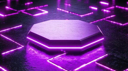 Poster - A glowing hexagon platform with purple neon lights surrounding it, evoking a high-tech, futuristic environment full of bold, sleek design elements
