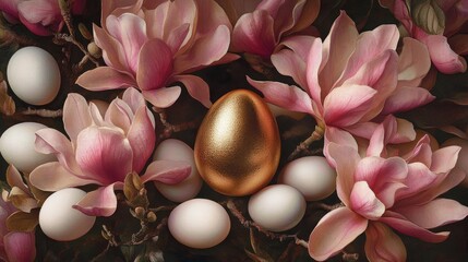 Poster - A golden egg resting delicately among vibrant pink magnolia flowers and white eggs, creating a serene, luxurious composition of spring beauty and elegance