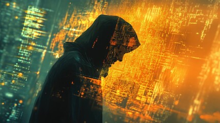 Poster - A hacker in a hoodie, bathed in the glow of a computer screen displaying complex digital code, evoking an atmosphere of suspense and cybersecurity expertise
